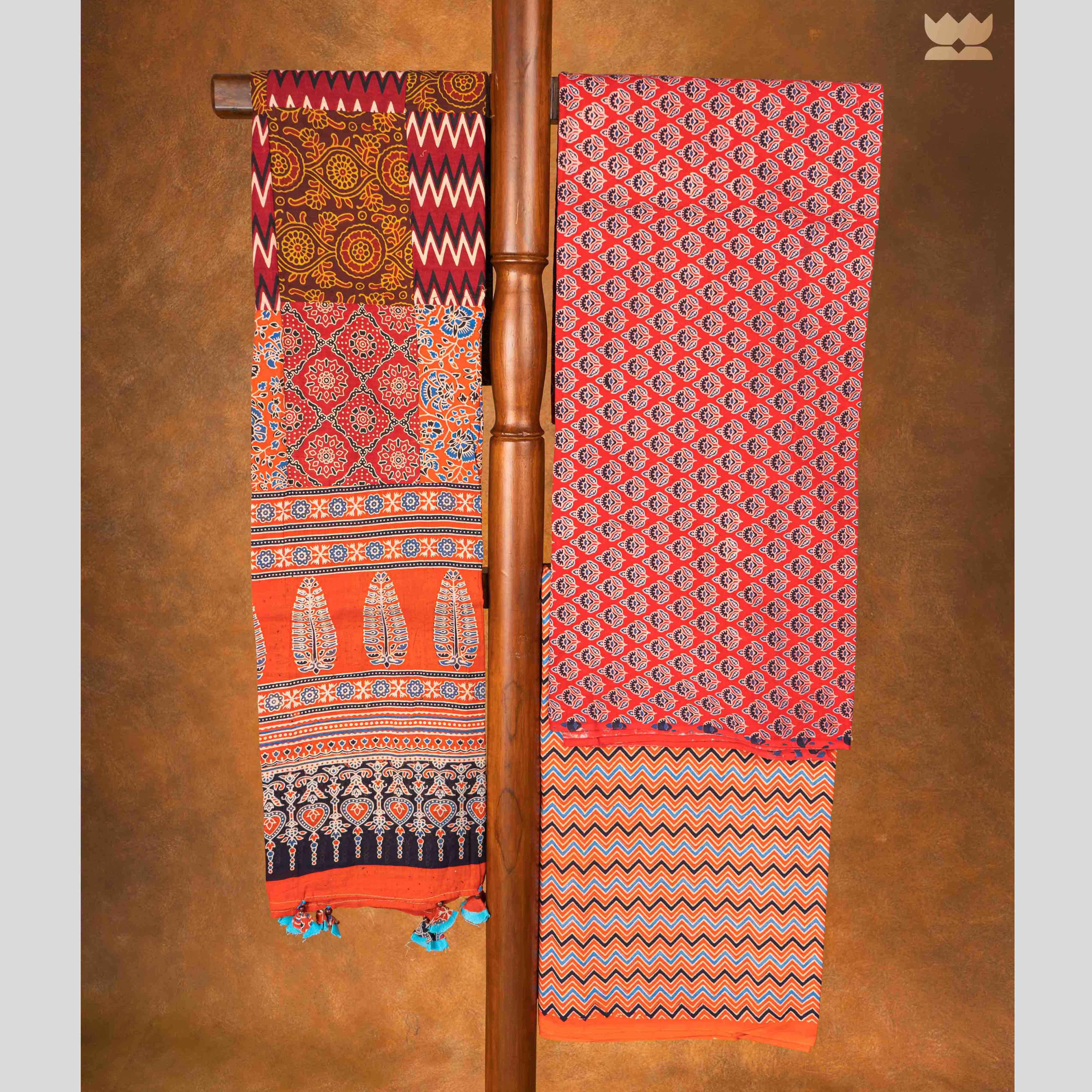 Ajrakh Cotton Suit Set - Orange & Red