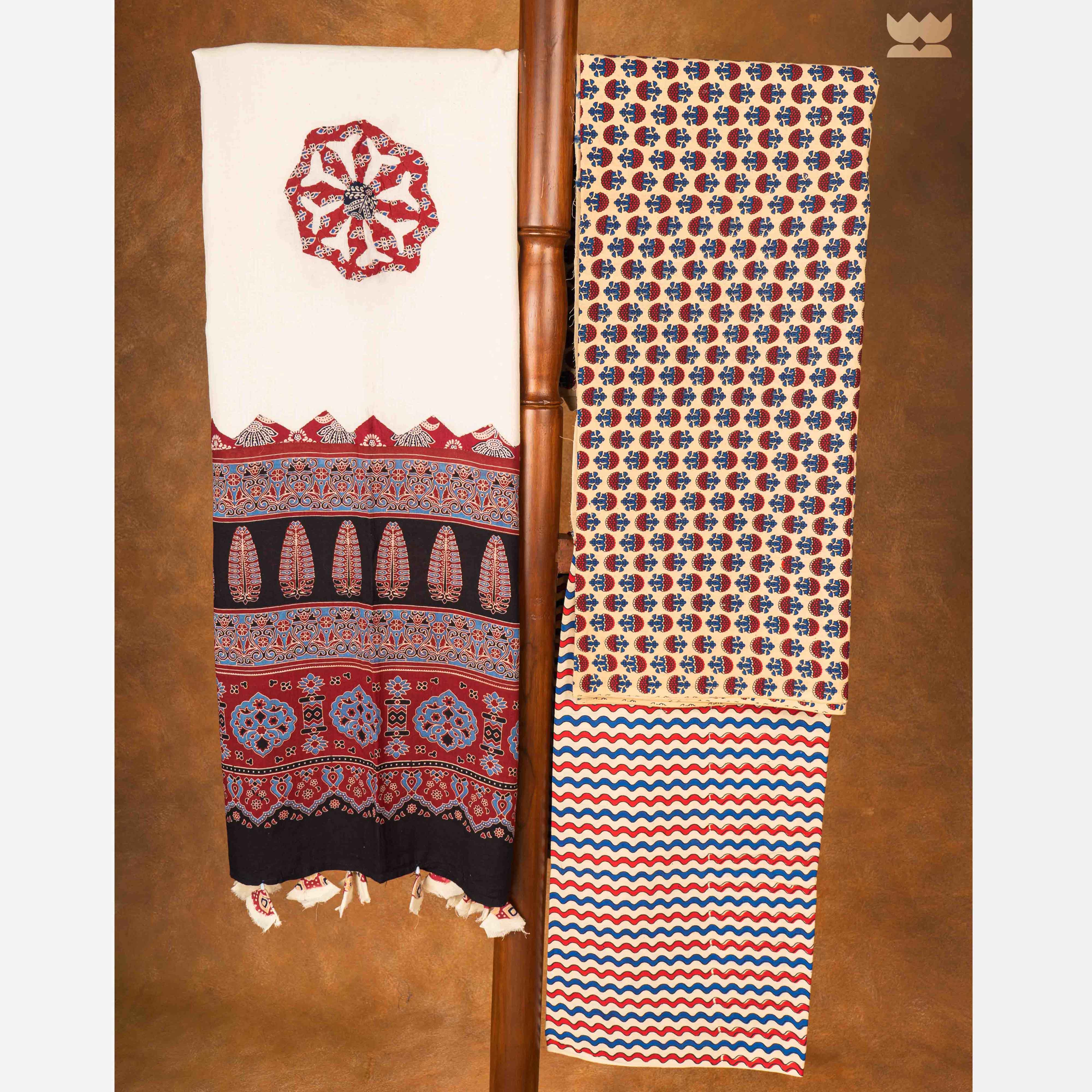 Ajrakh Cotton Suit Set - Beige & Red