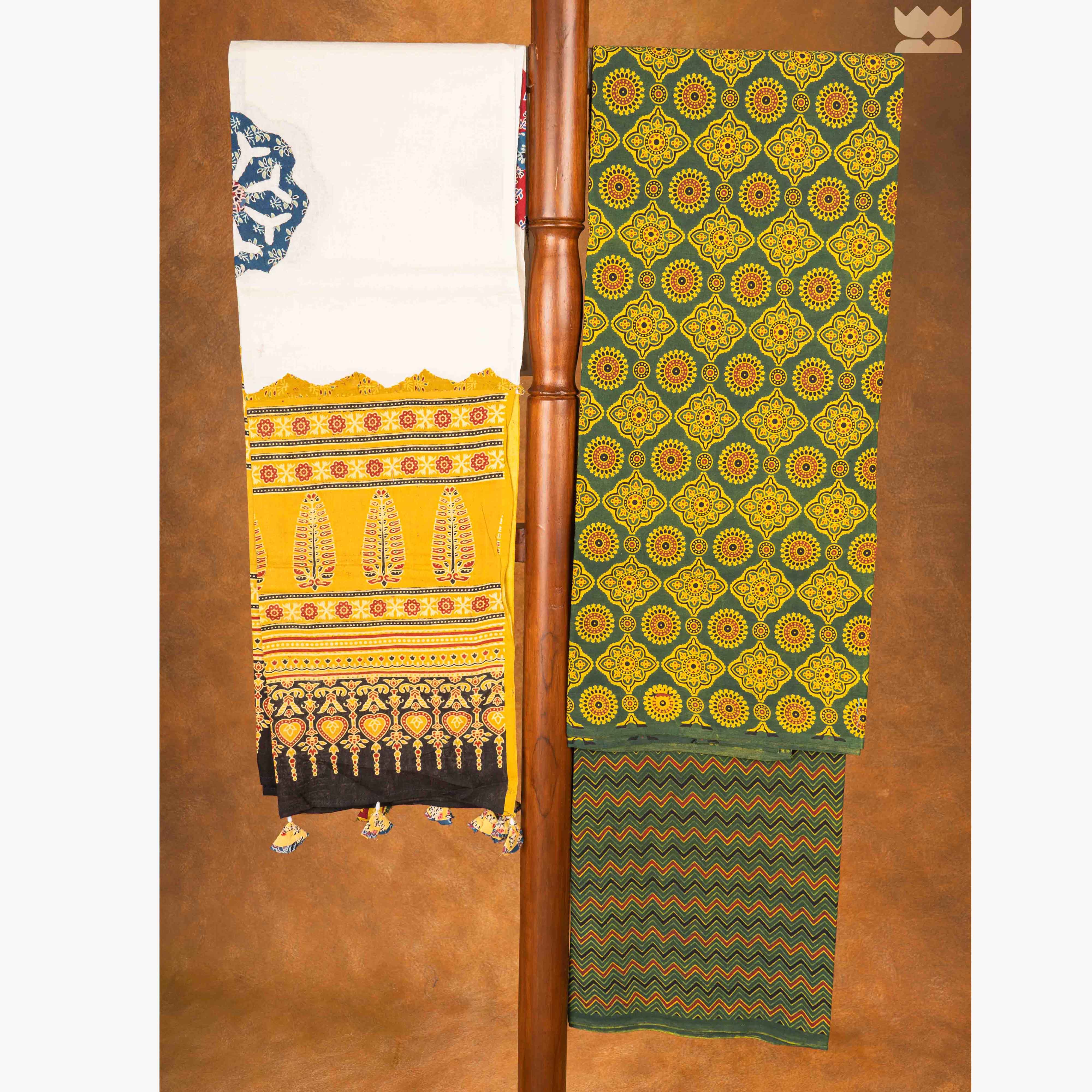 Ajrakh Cotton Suit Set - Yellow & Green