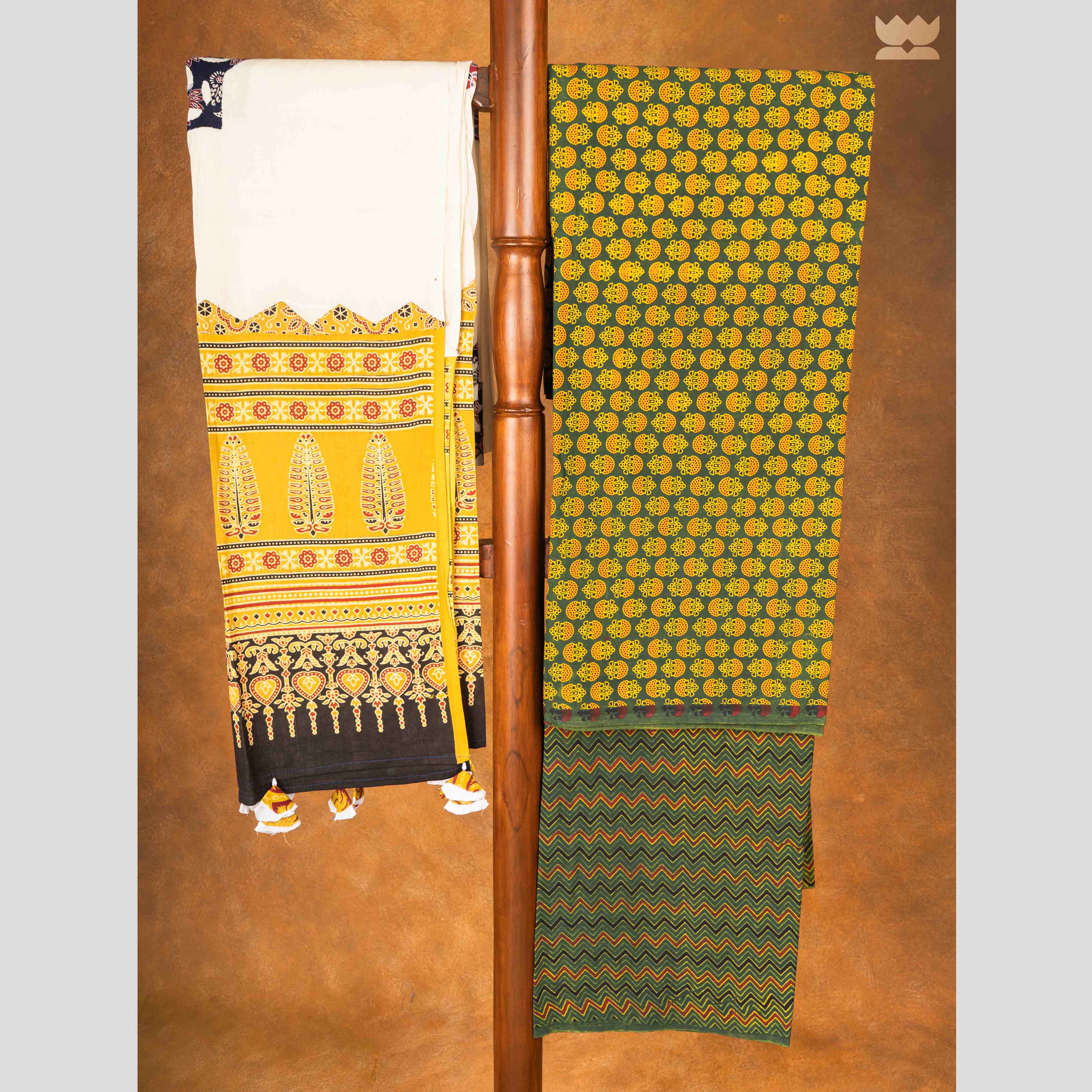 Ajrakh Cotton Suit Set - Yellow & Green