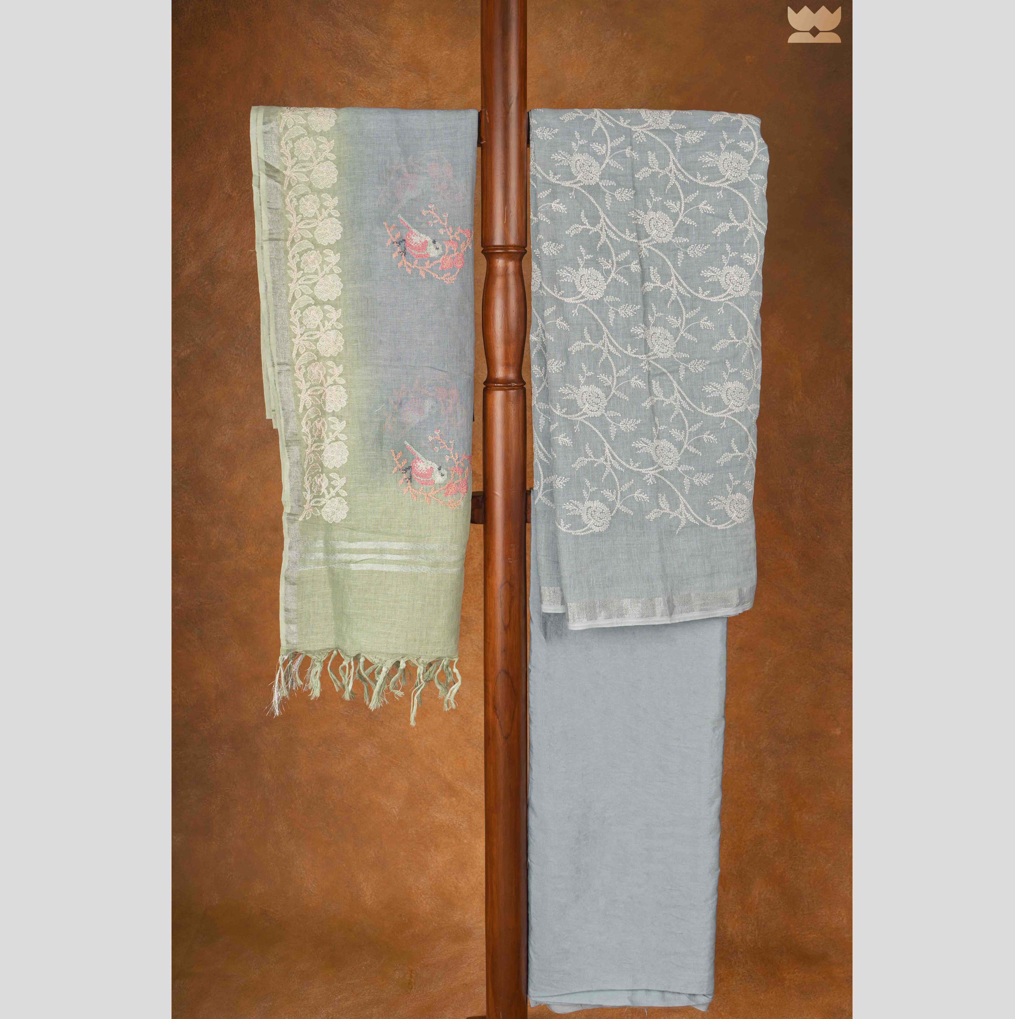 Grey Hand Embroidered Linen Suit Set