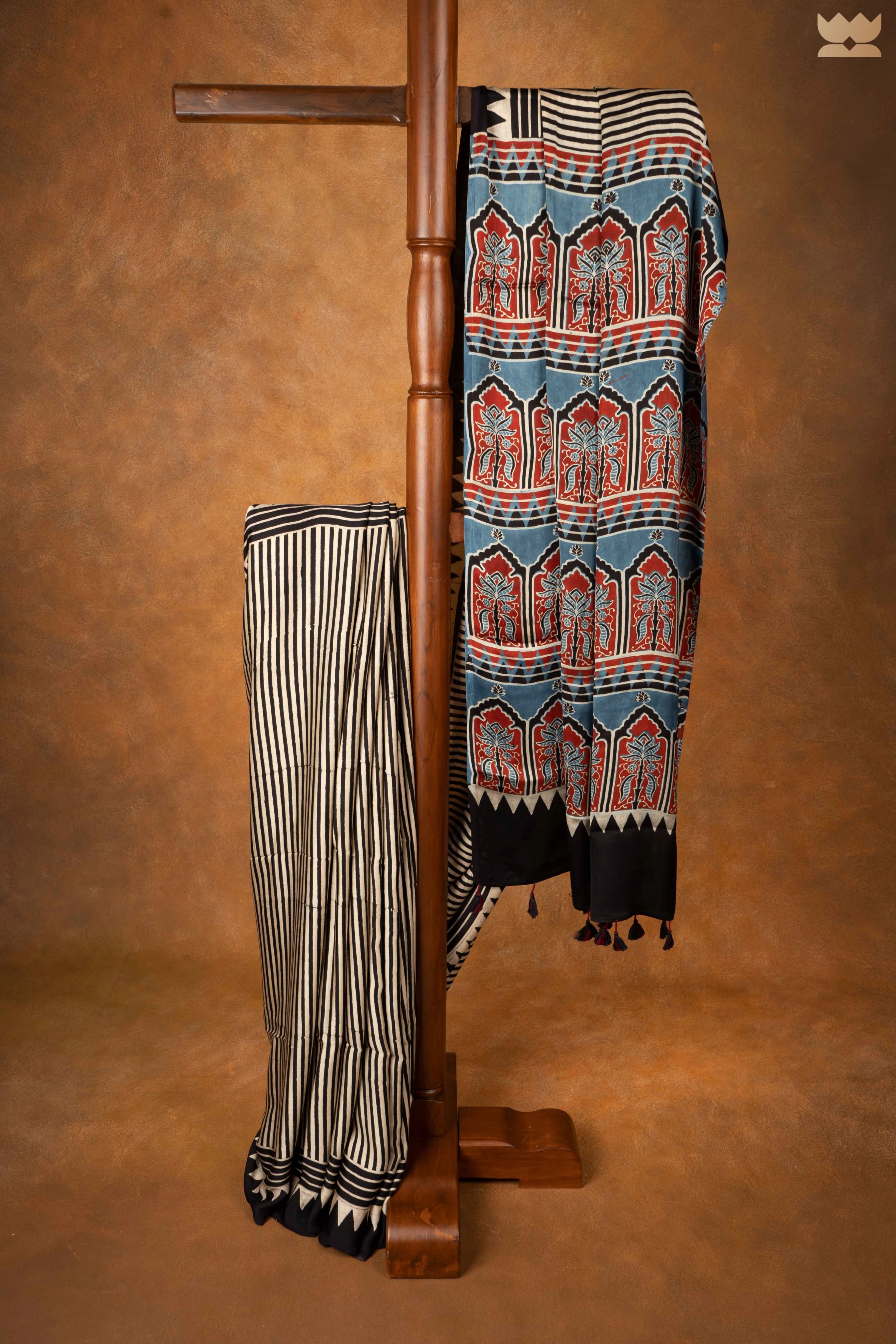 Ajrakh Regal Stripes Modal Silk Saree