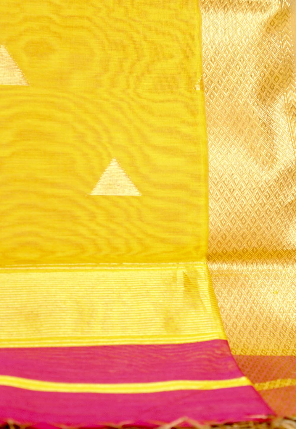 Pink Maheshwari Saree with triangle booti on Yellow Pallu
