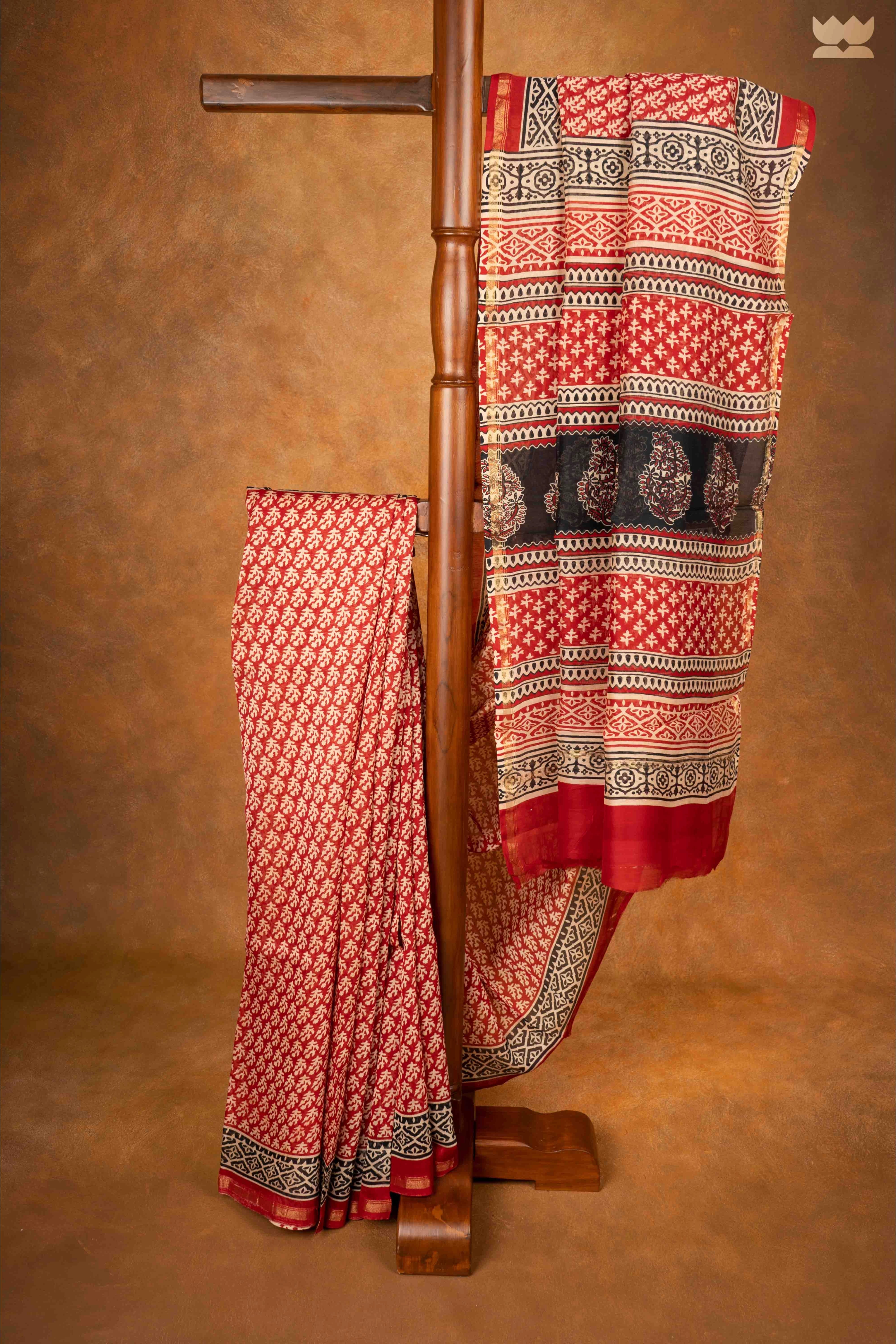 Bagru Crimson Hues Chanderi Cotton Saree