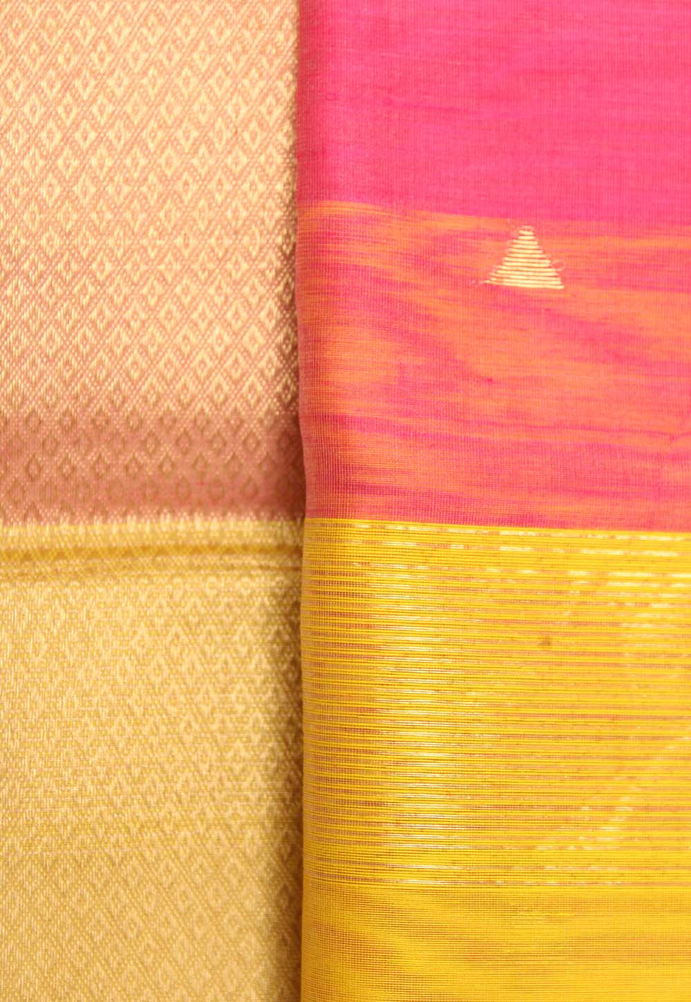 Pink Maheshwari Saree with triangle booti on Yellow Pallu
